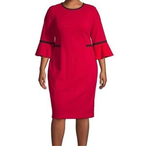 CALVIN KLEIN Piped Trim Bell-Sleeve Sheath Red Dress Size 16W NWOT